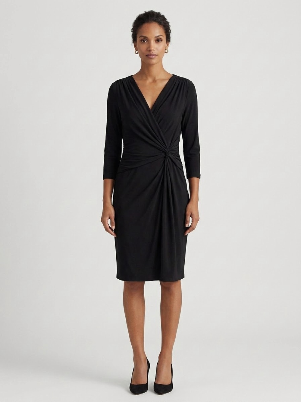 Lauren Ralph Lauren Black Faux-Wrap Knot Midi Dress